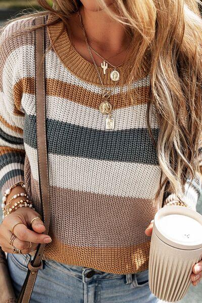 Striped Round Neck Dropped Shoulder Sweater - Sweater