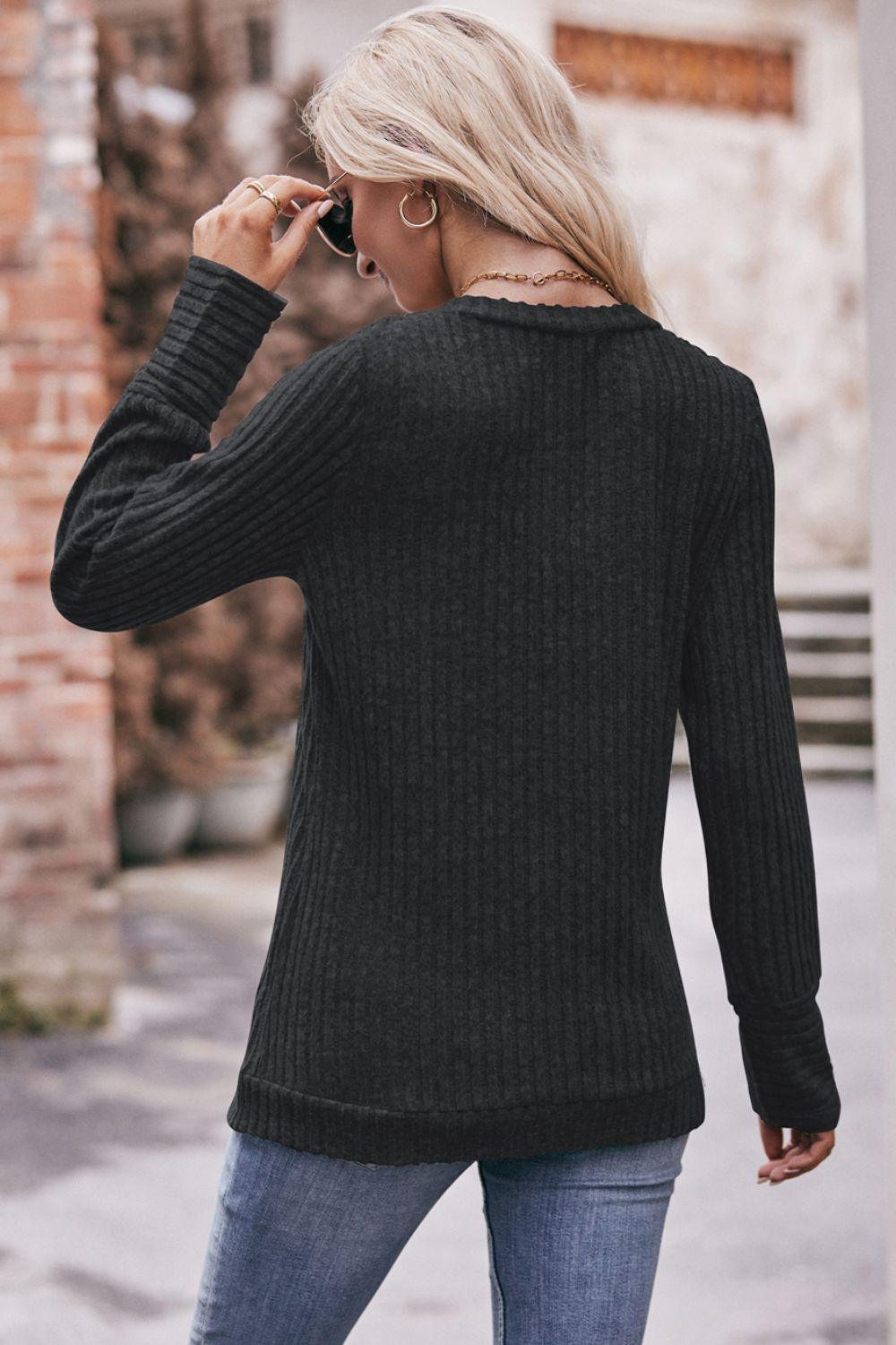 Double Take V-Neck Long Sleeve Ribbed Top - Top