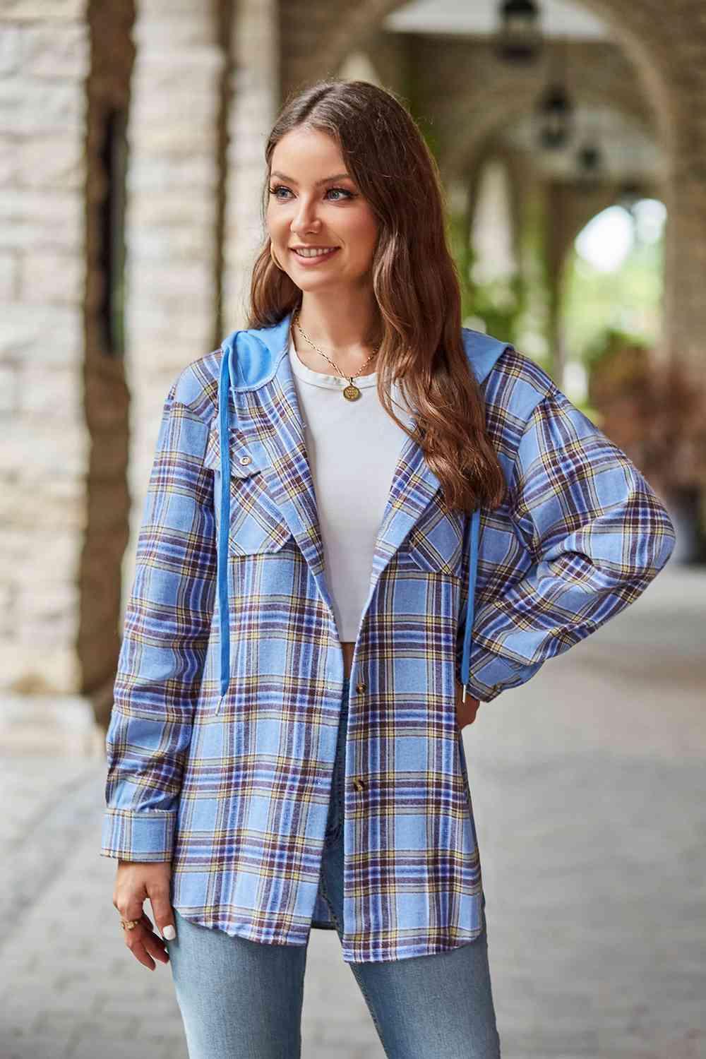 Plaid Long Sleeve Hooded Shacket - Jacket