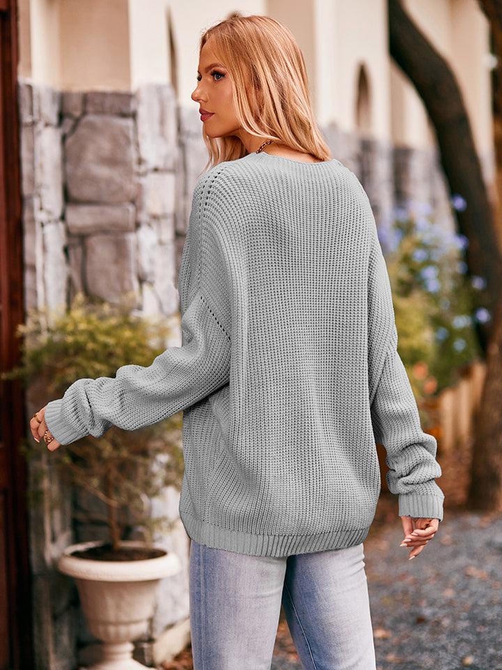 Waffle-Knit Long Sleeve Sweater With Pocket - Sweater