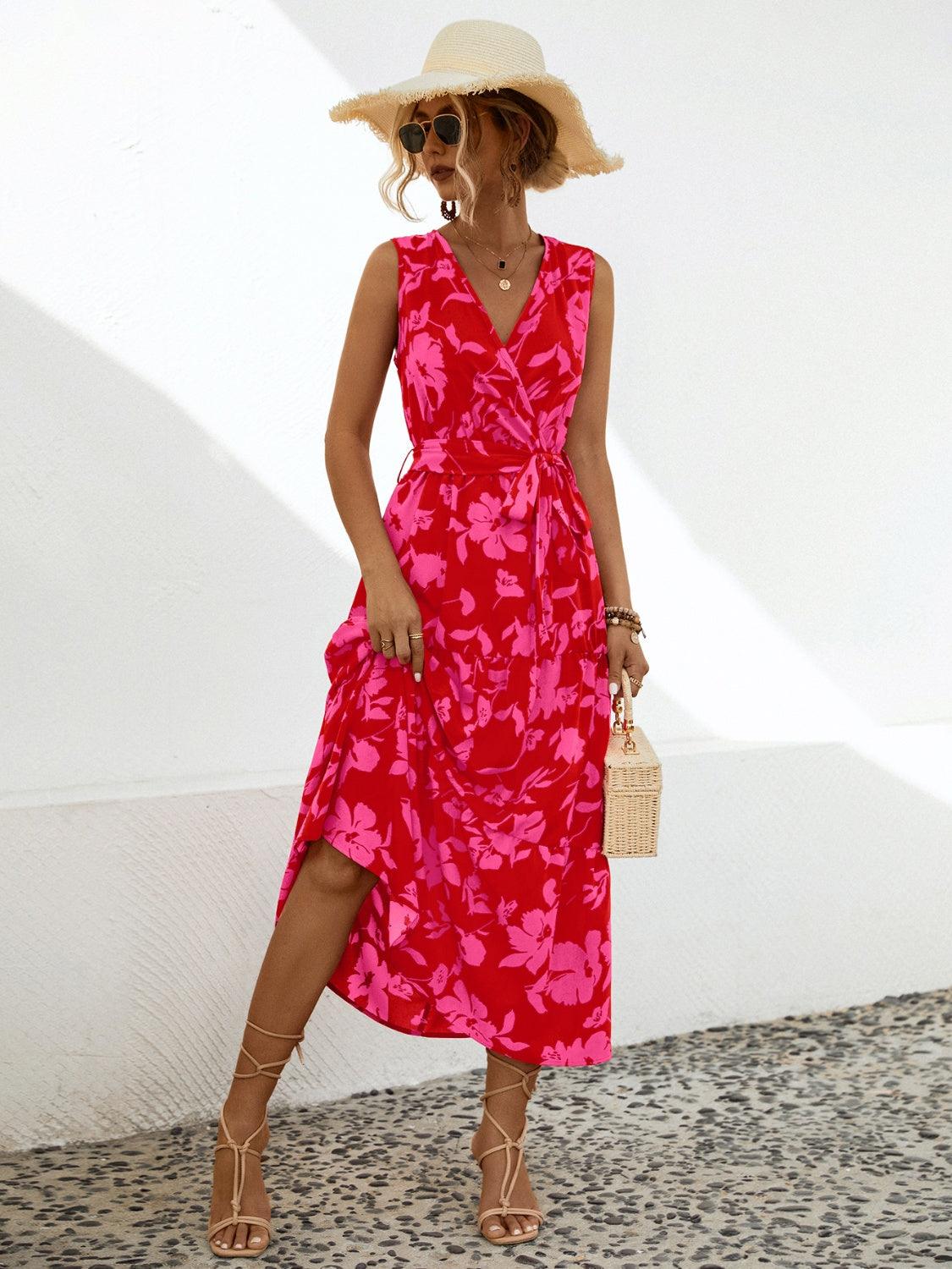 Tied Floral Surplice Tiered Midi Dress - Dresses