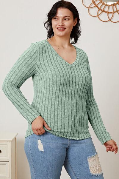 Basic Bae Ribbed V-Neck Long Sleeve Top - Top