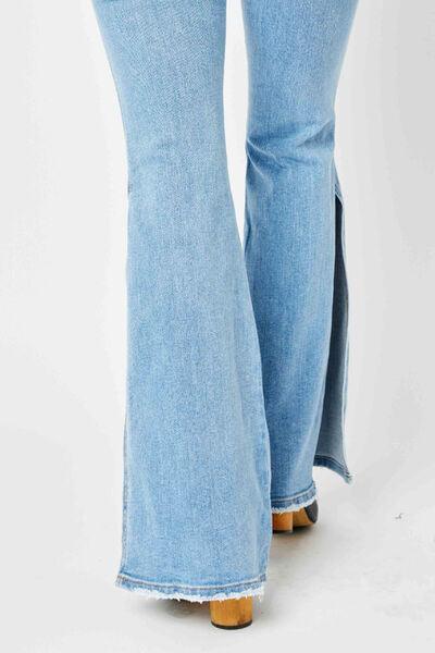 Judy Blue Mid Rise Raw Hem Slit Flare Jeans - Jeans