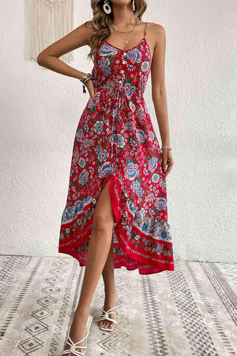 Bohemian Decorative Button Spaghetti Strap Dress - Dresses