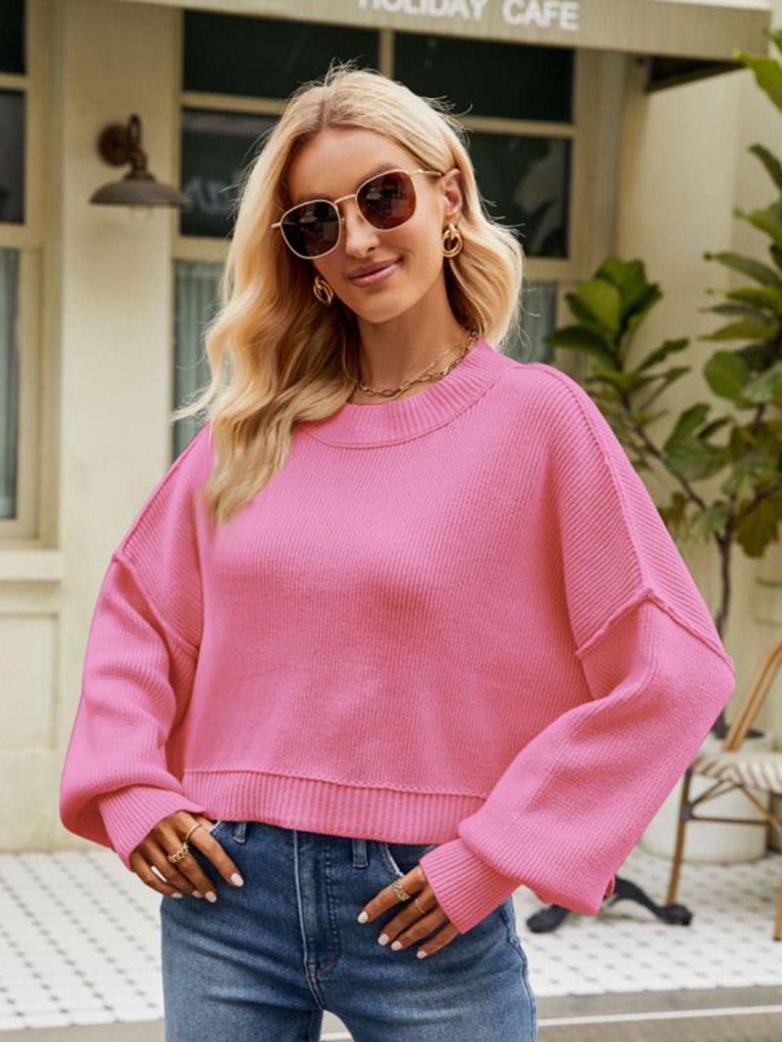 Round Neck Dropped Shoulder Cropped Sweater - Sweater