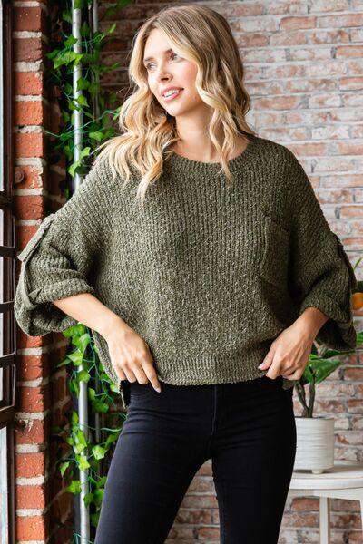 Veveret Round Neck Roll-Up Sweater - Sweater