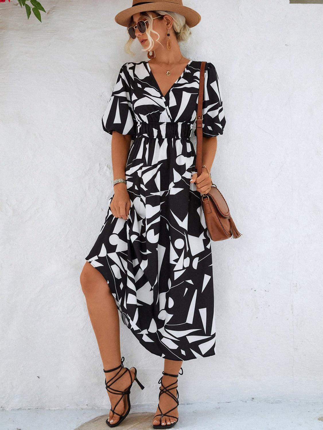 Printed Surplice V-Neck Balloon Sleeve Midi Dress - Dresses