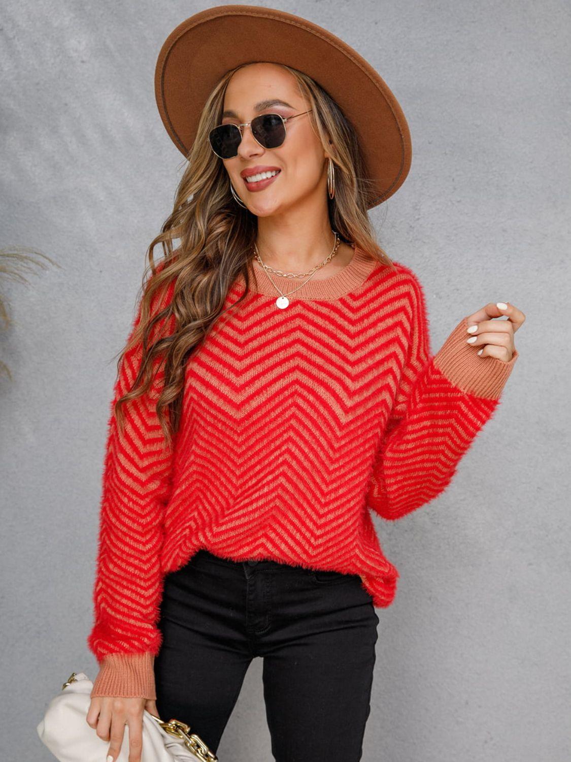 Plush Chevron Round Neck Sweater - Sweater