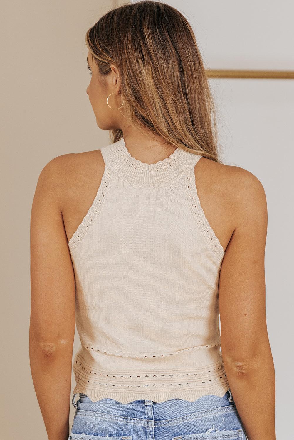 Scalloped Openwork Halter Neck Eyelet Tank Top - Tank