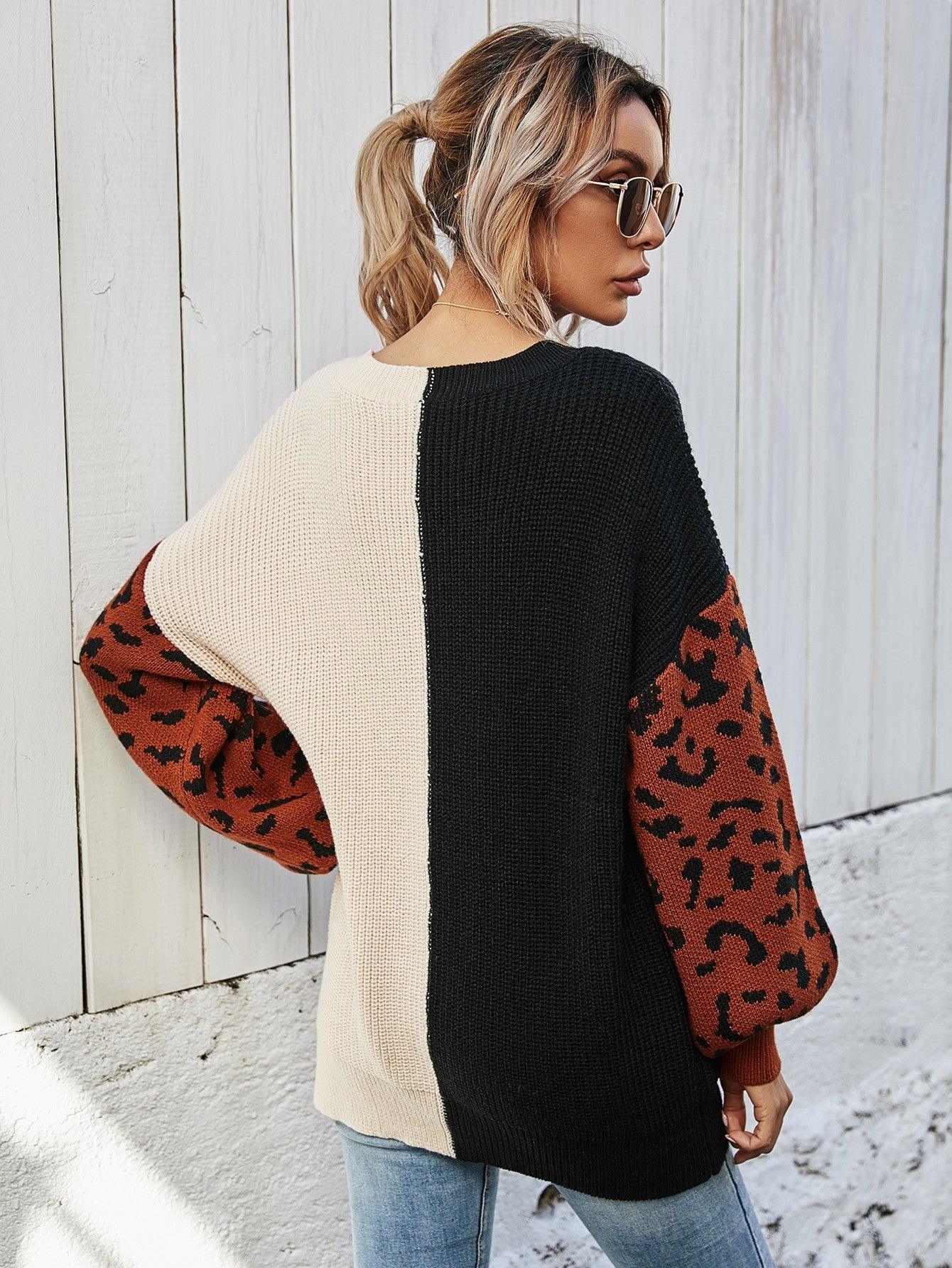 Woven Right Leopard Color Block V-Neck Tunic Sweater - Sweater