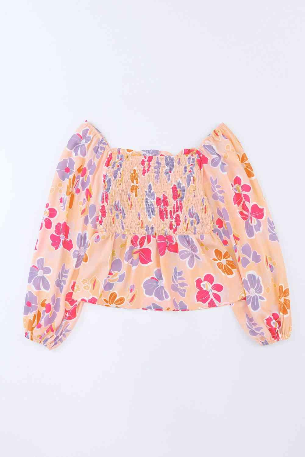 Floral Square Neck Smocked Blouse - Blouse