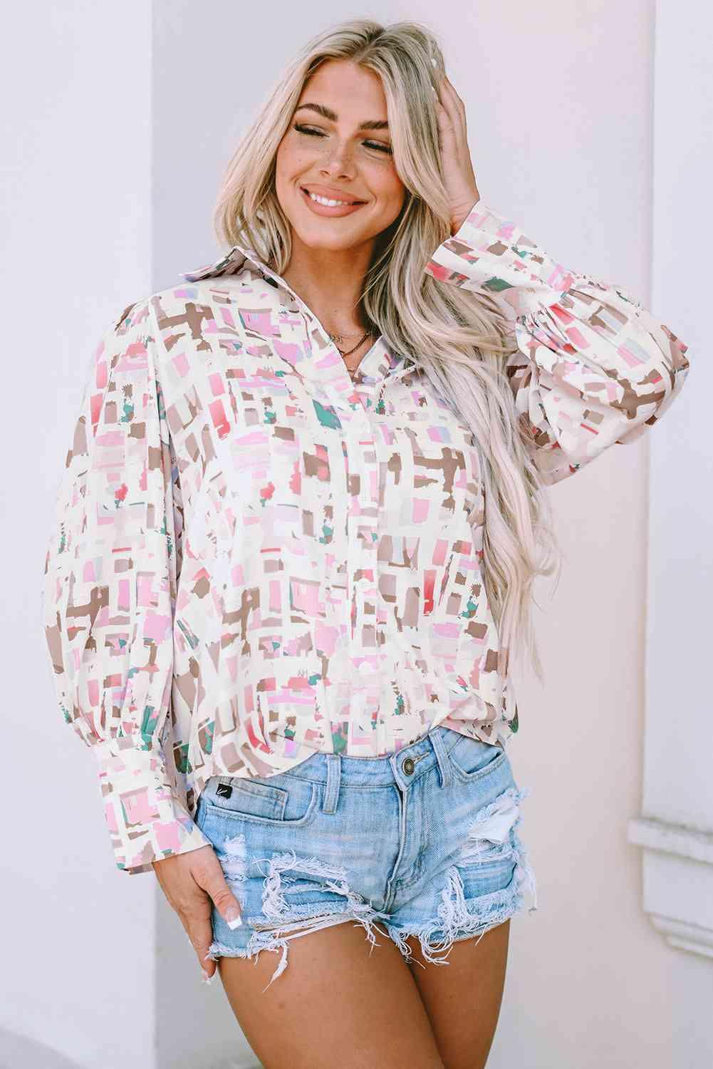 Printed Collared Neck Long Sleeve Shirt - Shirt