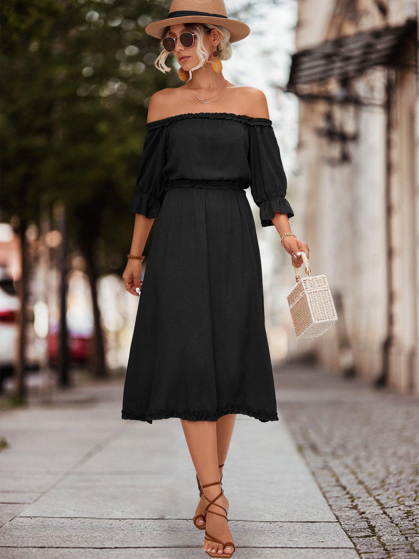 Frilled Off-Shoulder Flounce Sleeve Midi Dress - Dresses