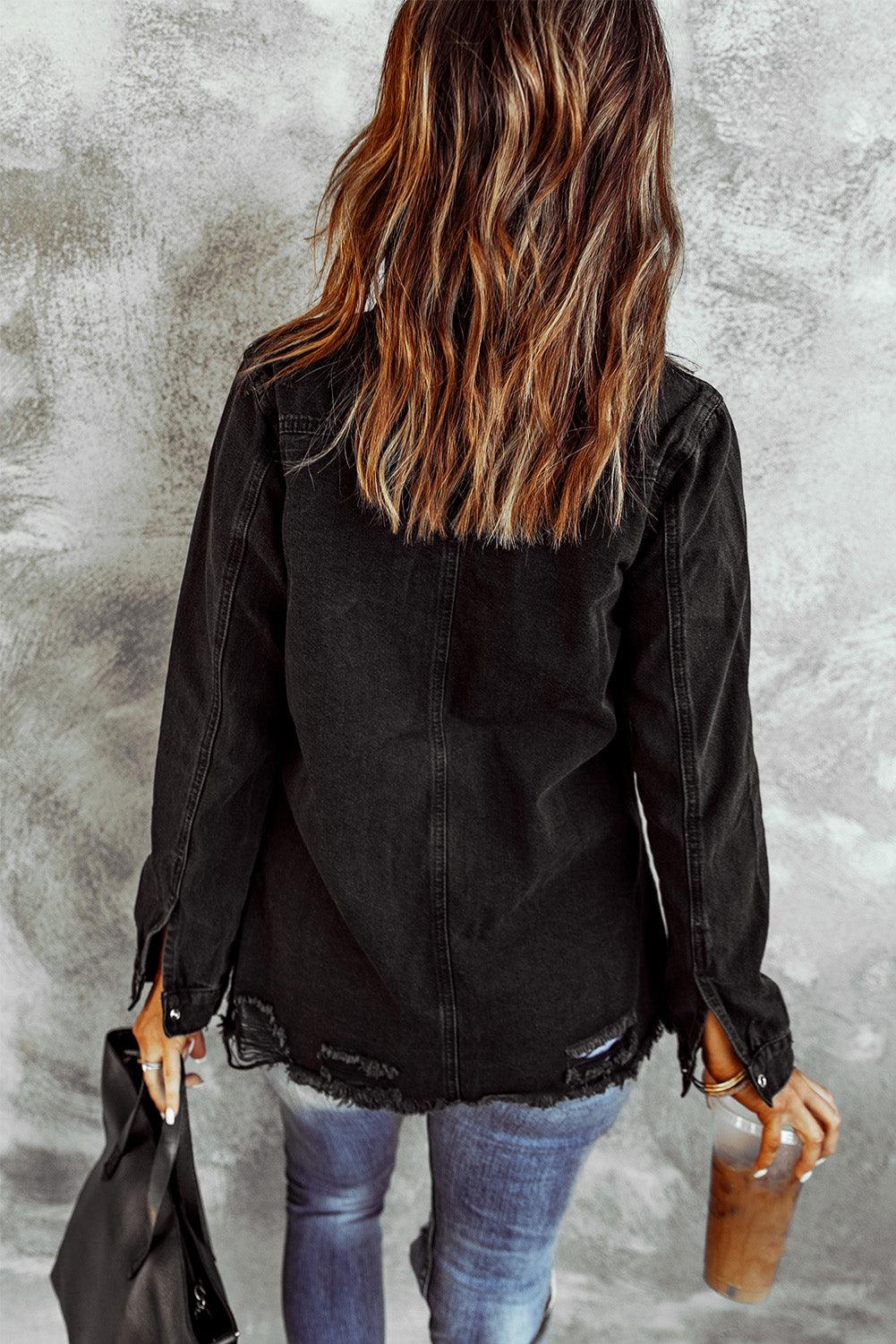 Distressed Snap Down Denim Jacket - Jacket