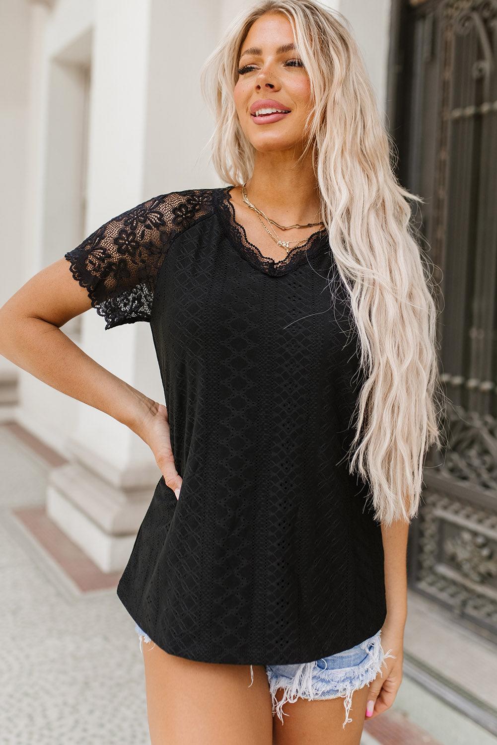 V-Neck Short Sleeve Lace Trim Top - Top