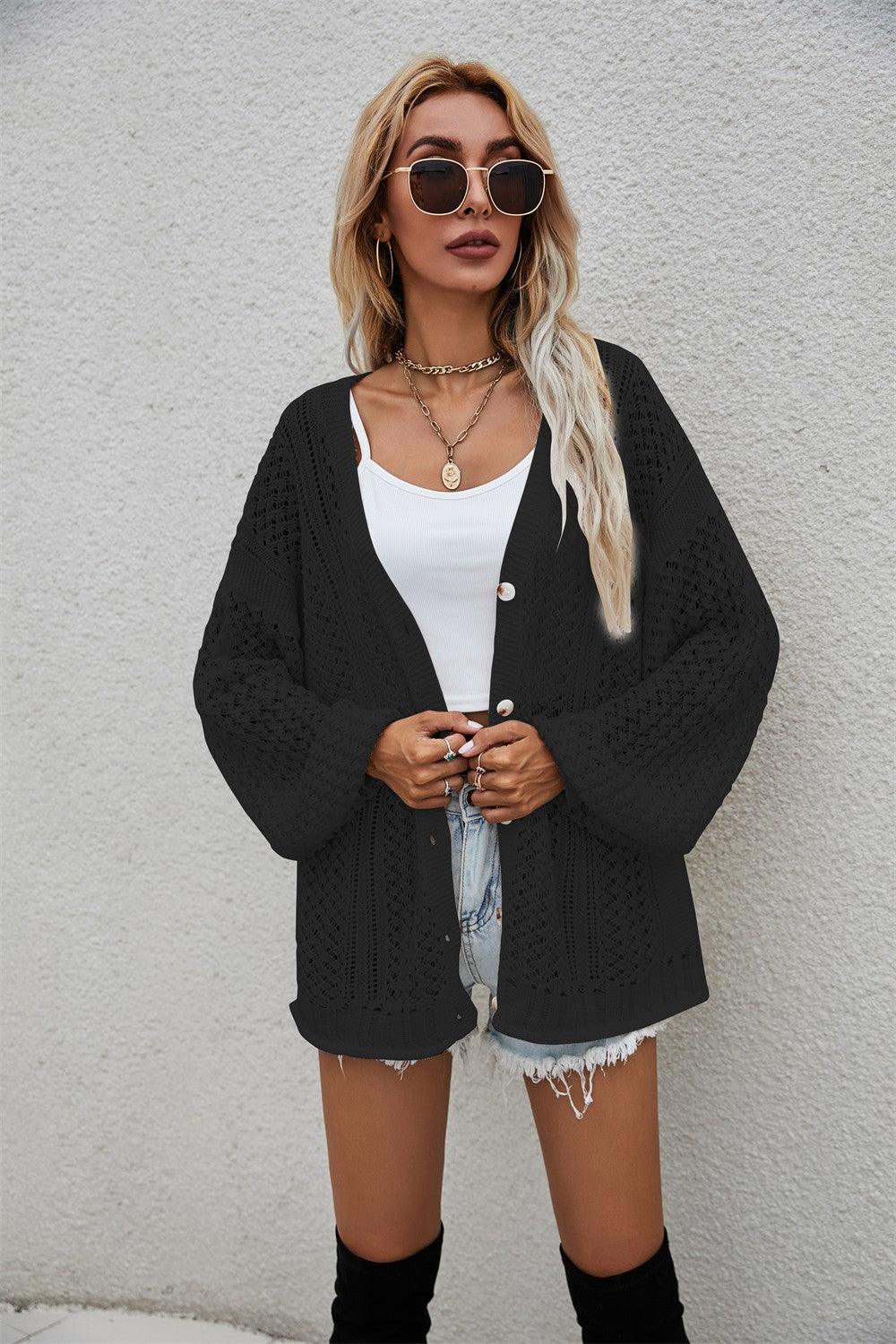 Openwork V-Neck Dropped Shoulder Cardigan - Cardigan