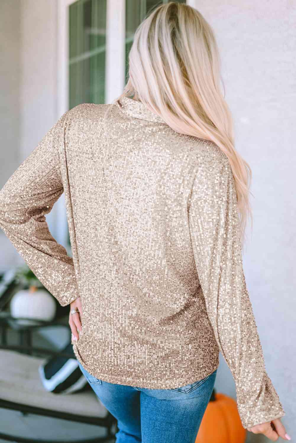 Collared Neck Long Sleeve Sequin Shirt - Shirt