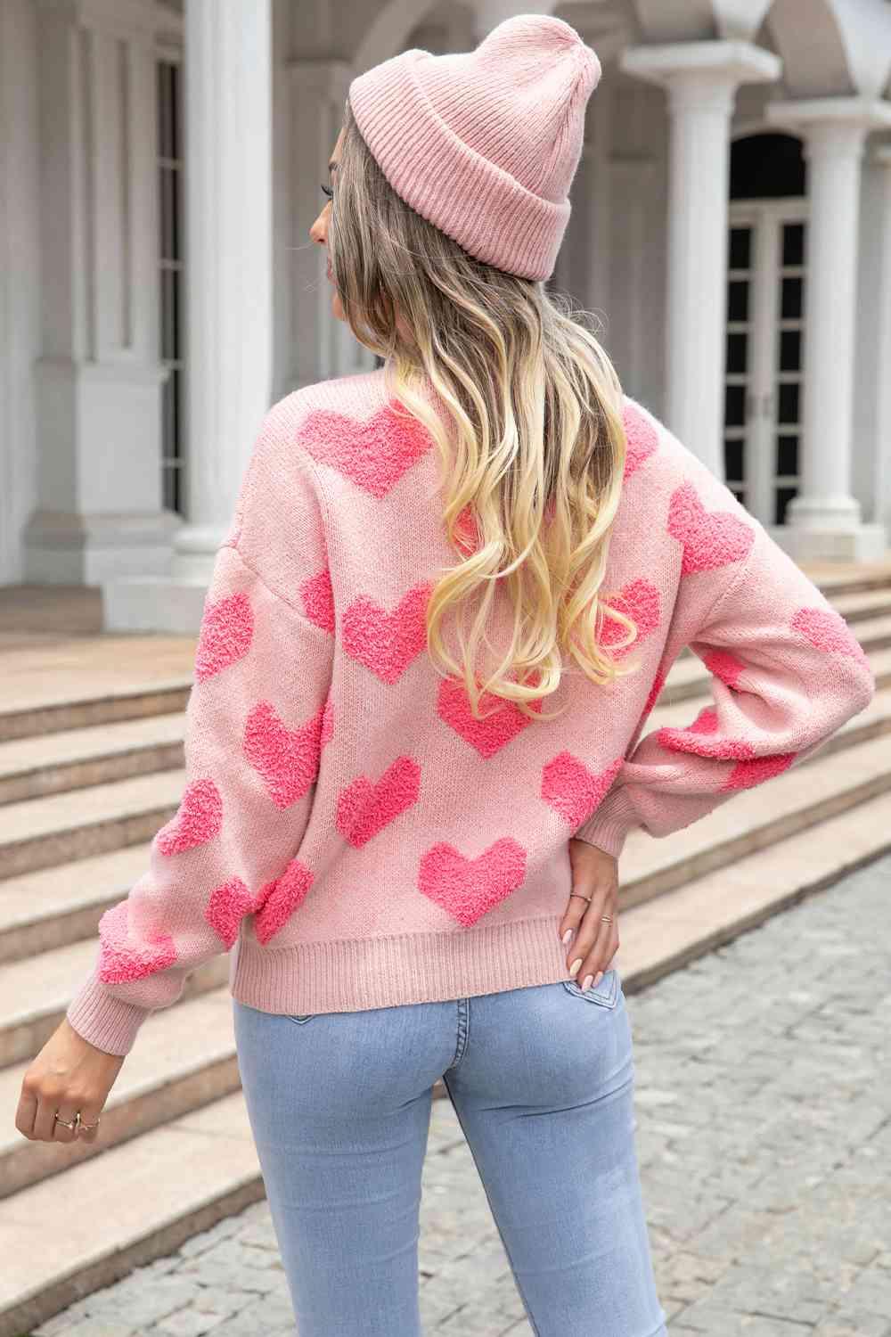 Heart Pattern Dropped Shoulder Sweater - Sweater