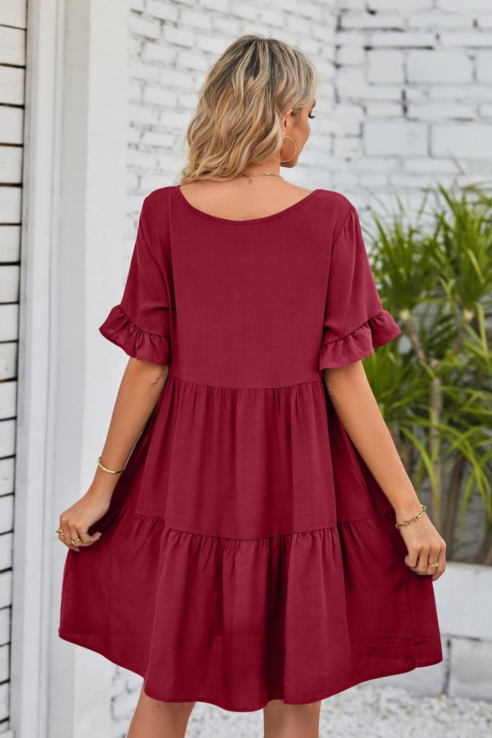 V-Neck Flounce Sleeve Knee Length Ruffle Tiered Dress - Dresses