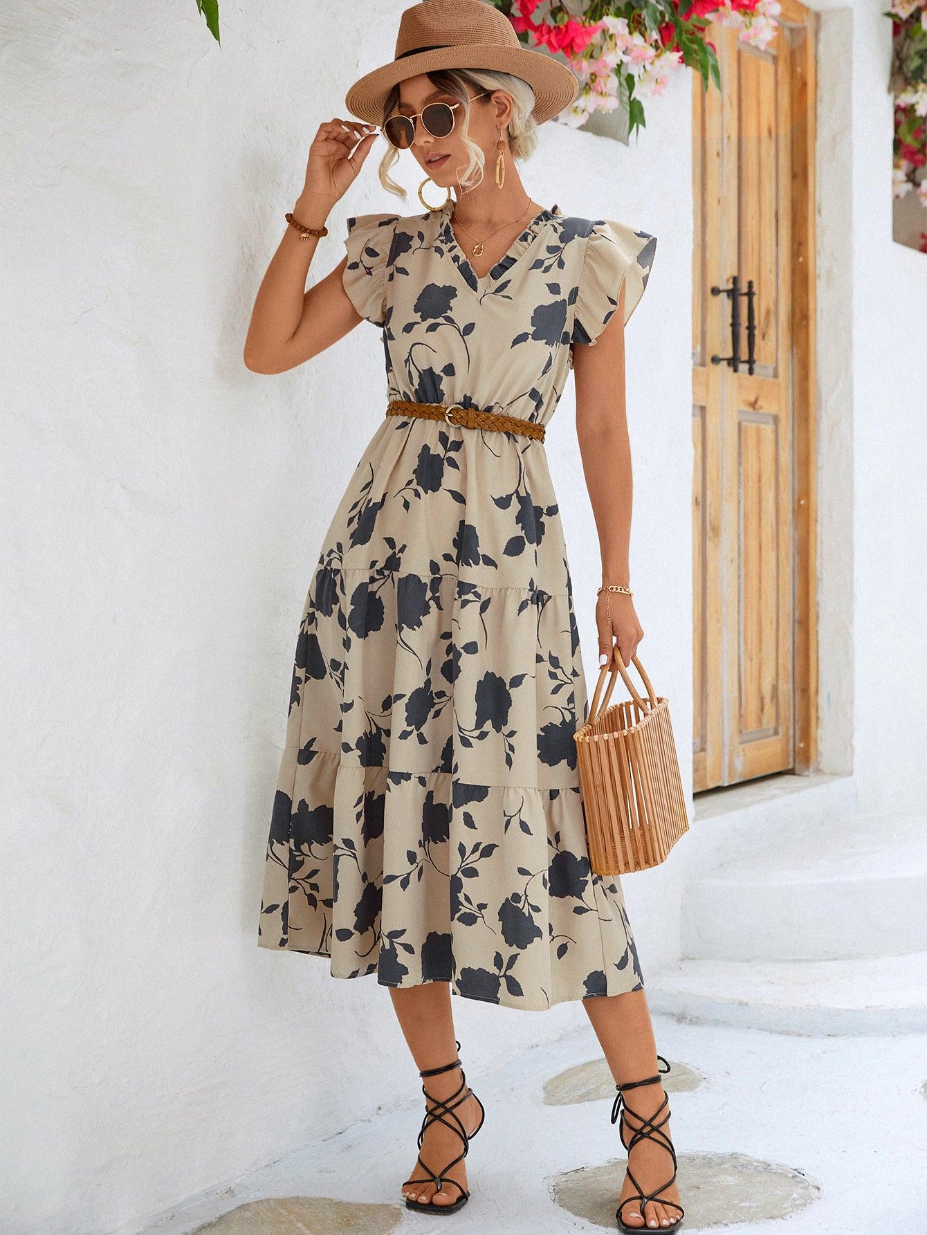 Floral Frill Trim V-Neck Flounce Sleeve Tiered Midi Dress - Dresses