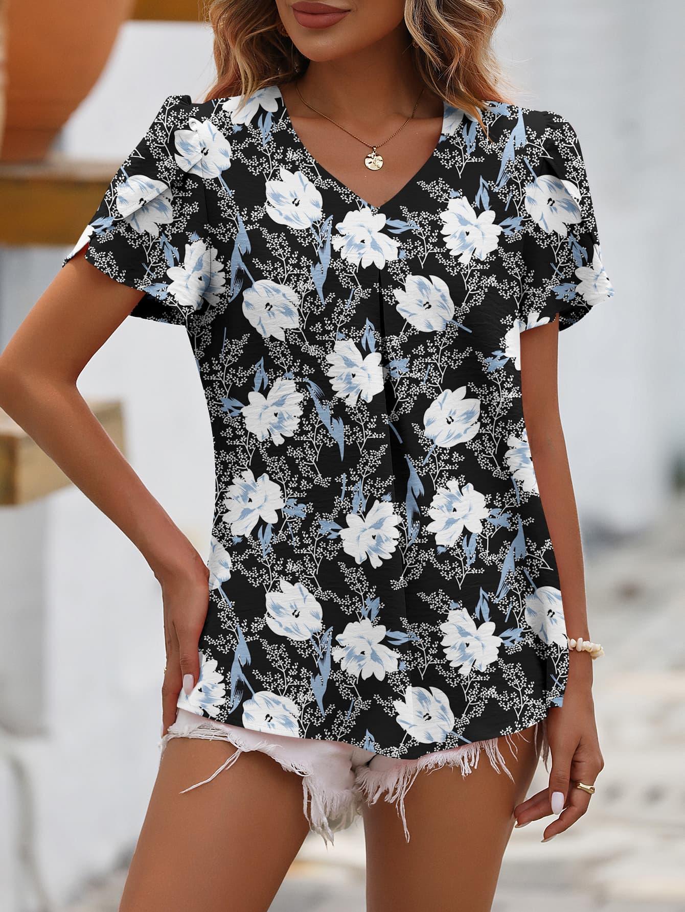 Ruched V-Neck Short Petal Sleeve Top - Top