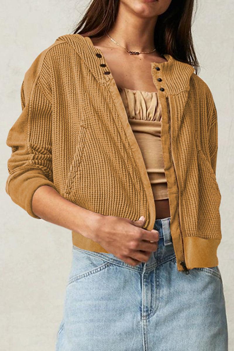 Waffle-Knit Zip-Up Hooded Jacket - Jacket