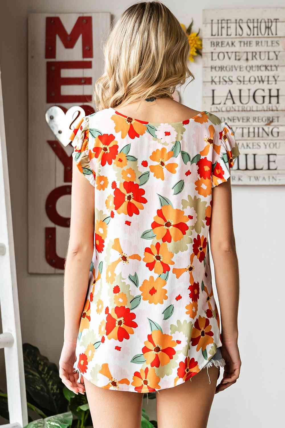 Floral Flutter Sleeve Round Neck Top - Top