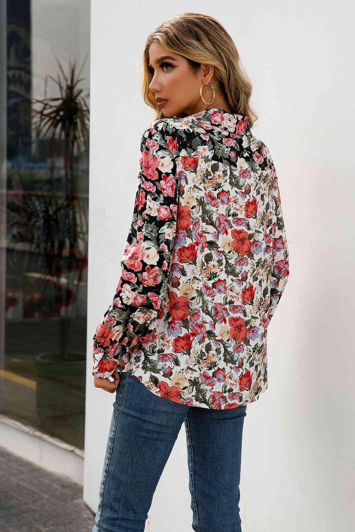 Floral Print Collared Neck Long Sleeve Shirt - Shirt