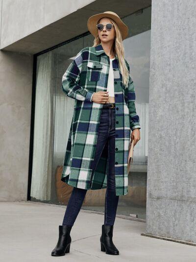 Plaid Pocketed Button Up Trench Coat - Coat