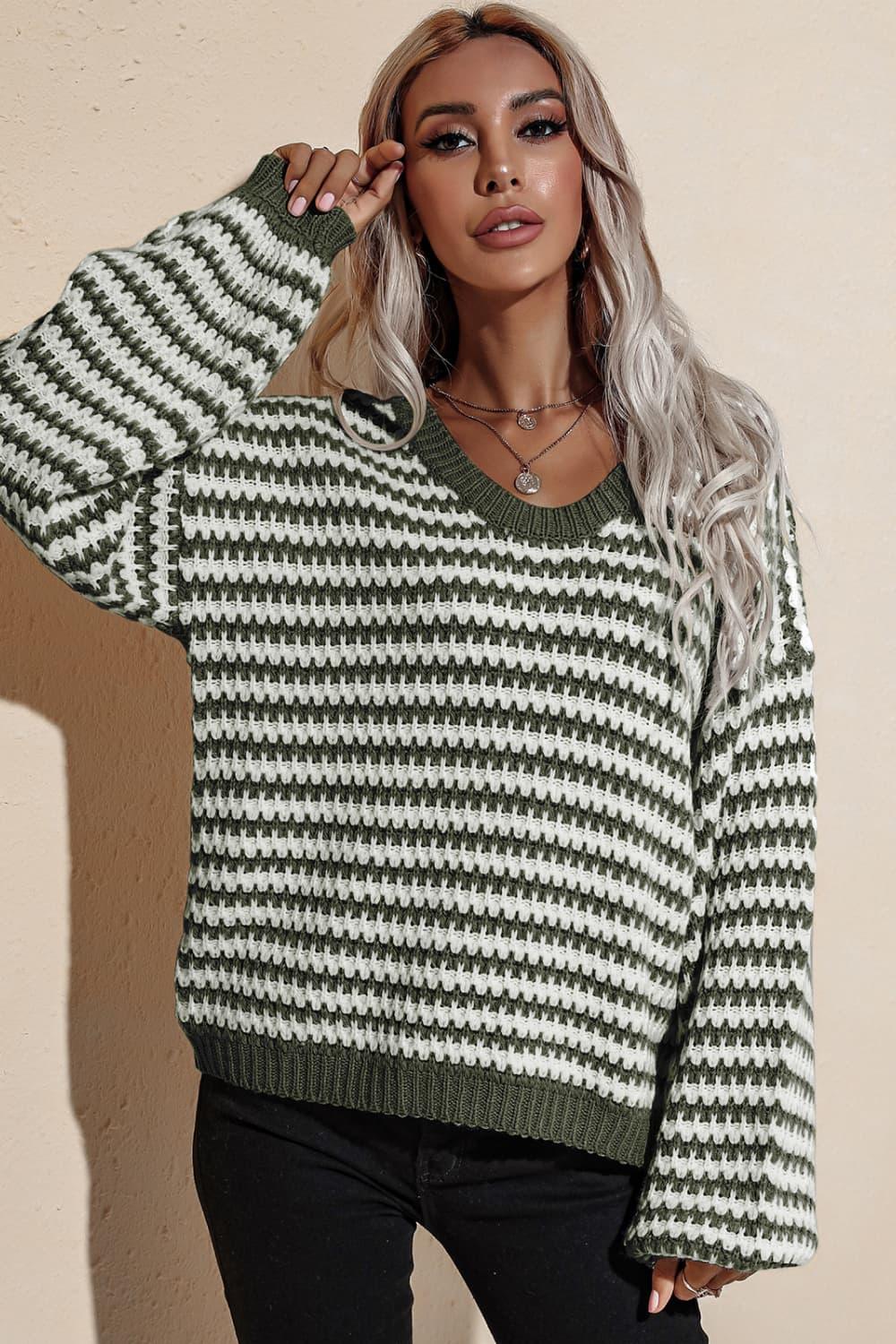 Striped V-Neck Dropped Shoulder Sweater - Sweater