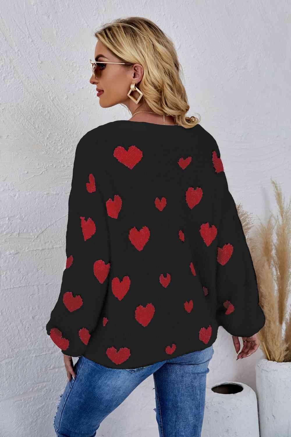 Woven Right Heart Print Fuzzy Sweater - Sweater