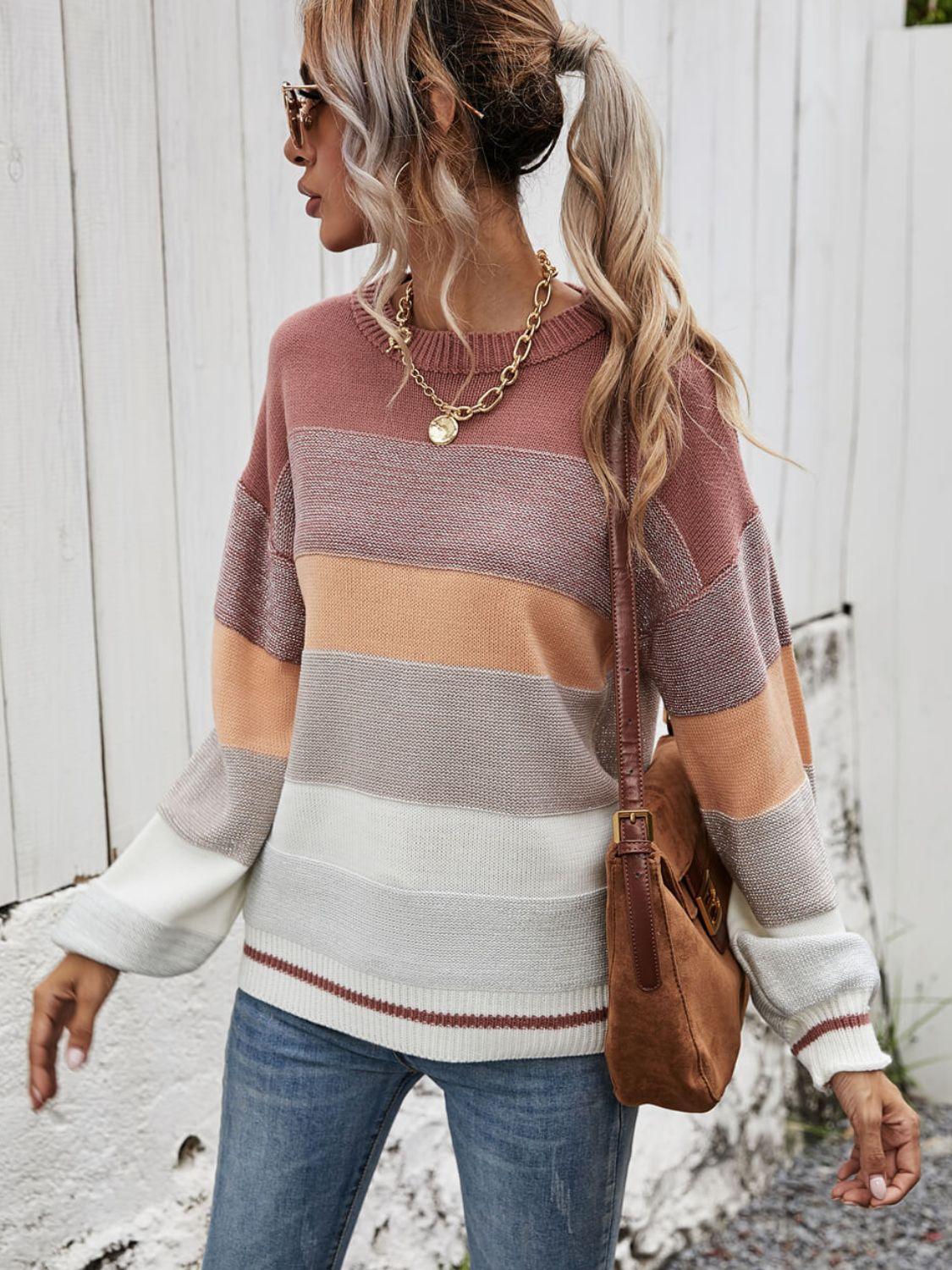 Striped Color Block Ribbed Trim Sweater - Sweater