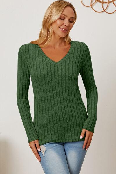 Basic Bae Ribbed V-Neck Long Sleeve Top - Top