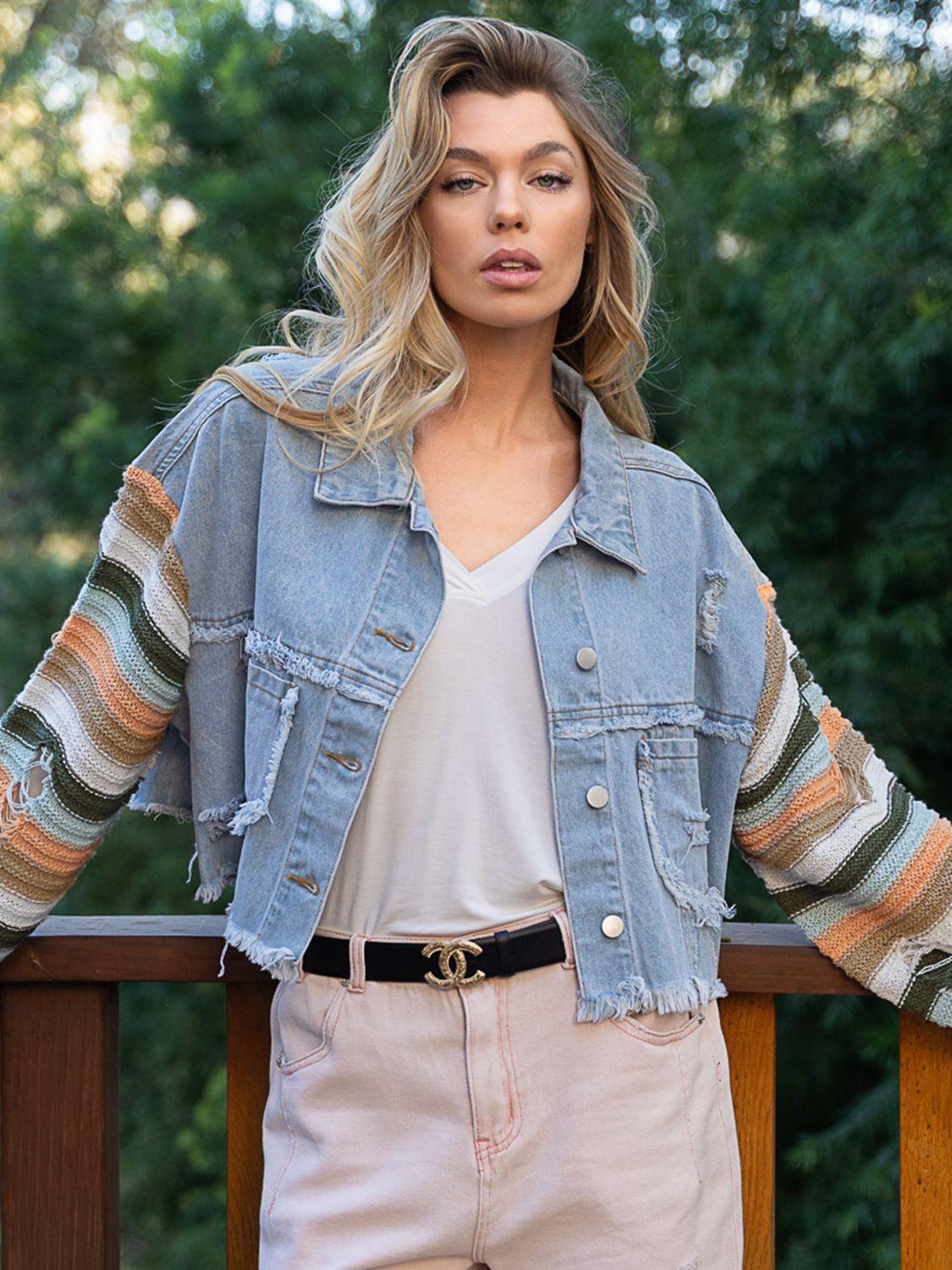 Distressed Striped Long Sleeve Denim Jacket - Jacket