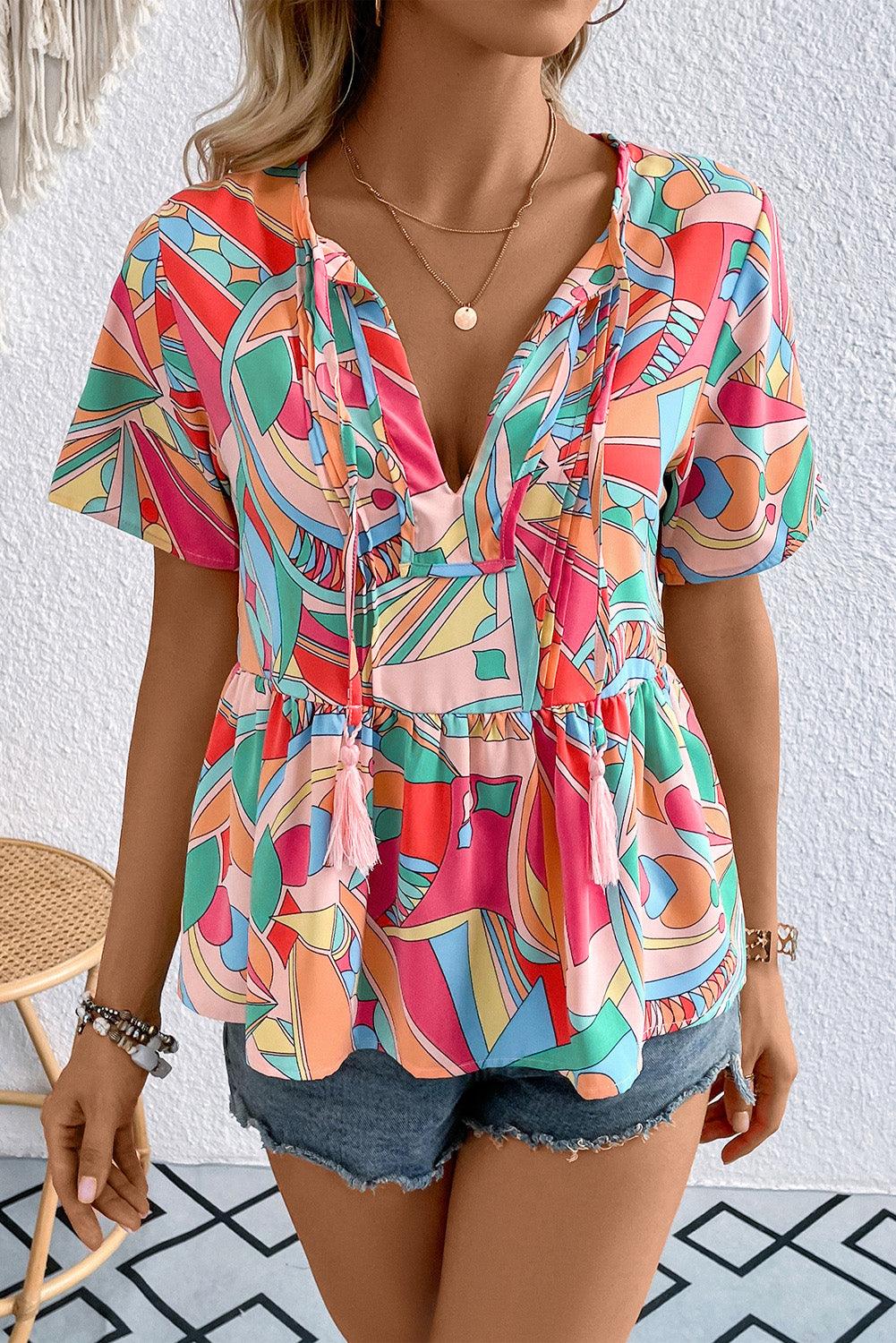 Multicolor Printed Tie Neck Short Sleeve Top - Top