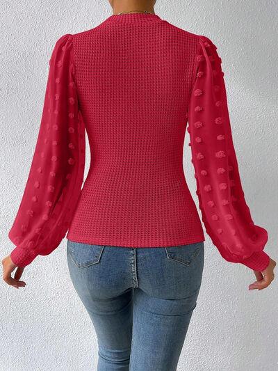 Swiss Dot Waffle-Knit Lantern Sleeve Top - Top