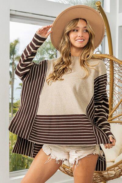 BiBi Striped Contrast Long Sleeve Slit Top - Top