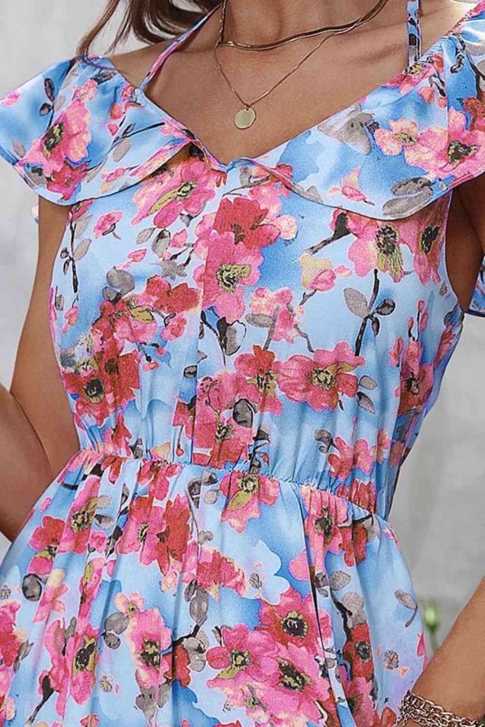 Floral Halter Neck Ruffle Hem Dress - Dresses