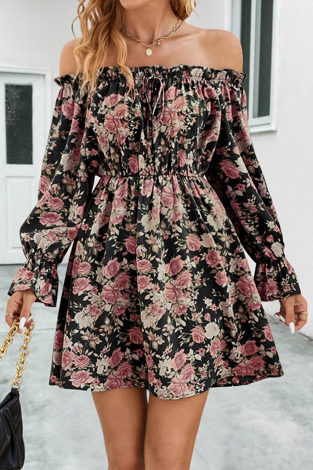 Floral Off-Shoulder Flounce Sleeve Dress - Dresses