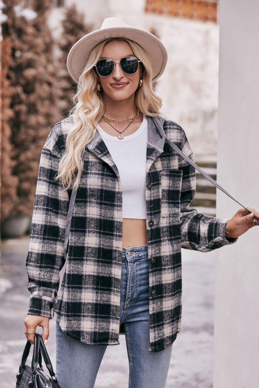 Plaid Dropped Shoulder Hooded Longline Shirt Jacket - Jacket