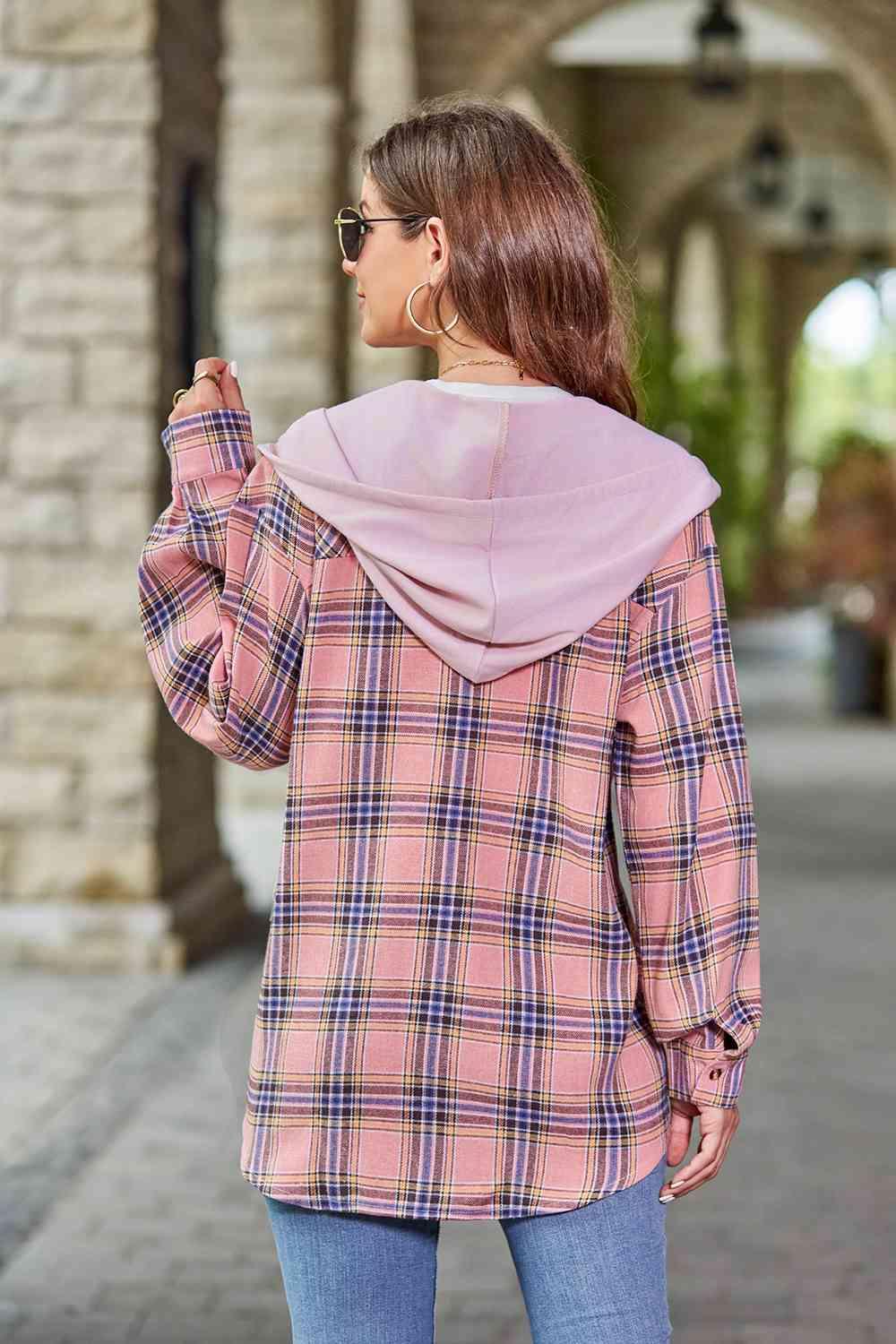 Plaid Long Sleeve Hooded Shacket - Jacket