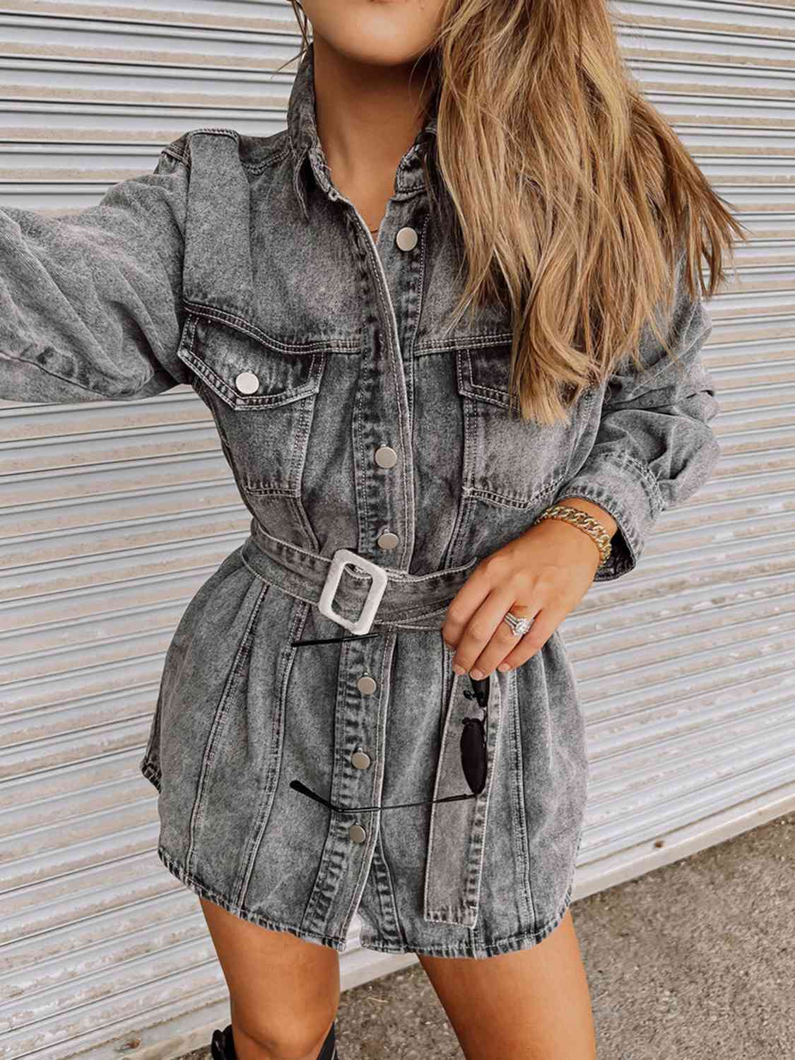 Long Sleeve Collared Denim Mini Dress