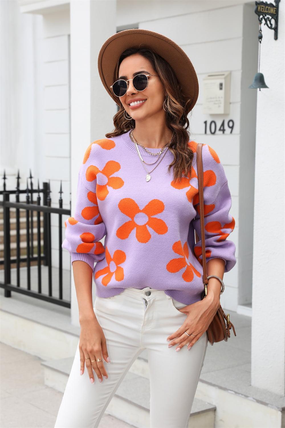 Floral Print Round Neck Dropped Shoulder Pullover Sweater - Sweater