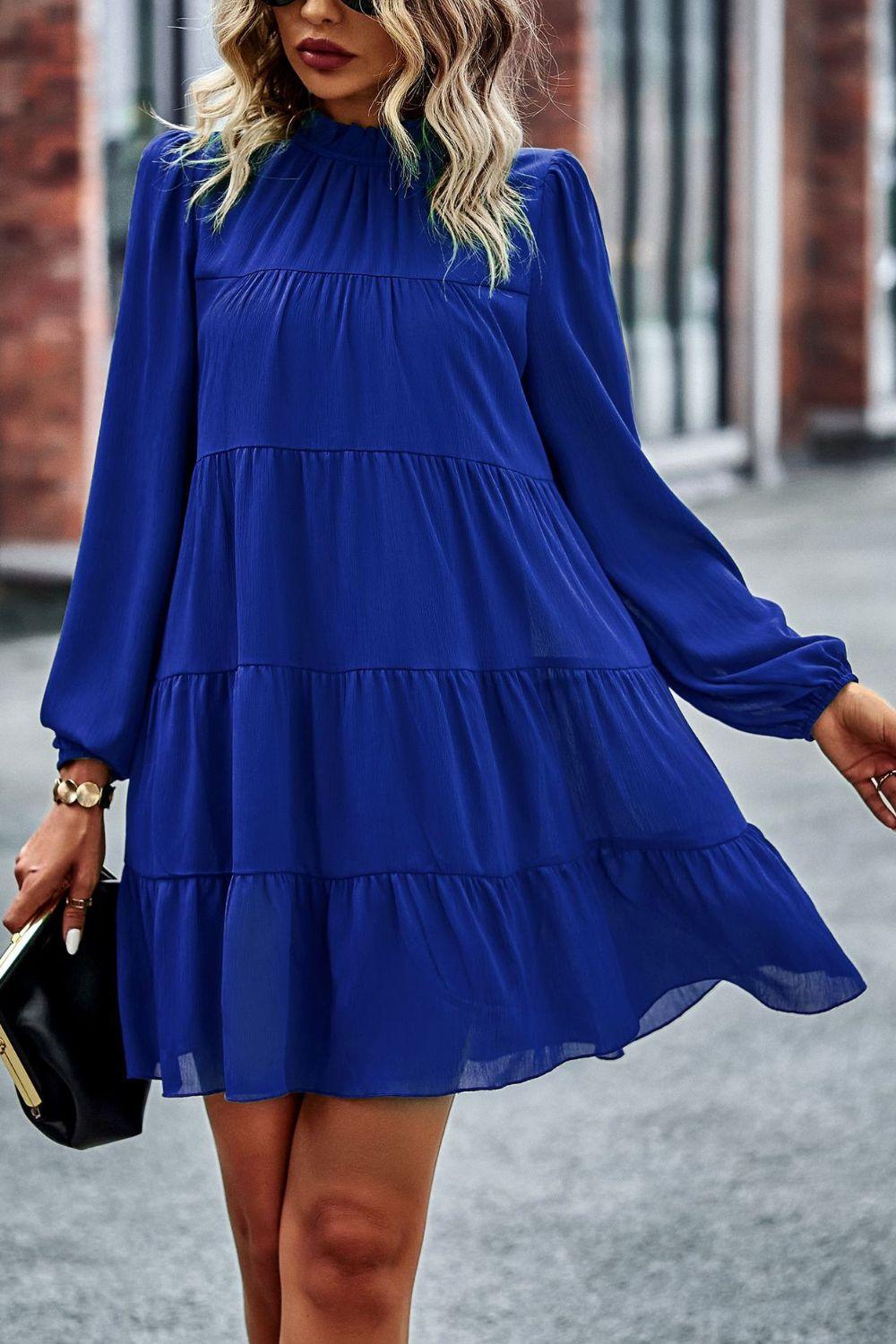 Tied Ruffle Collar Long Puff Sleeve Mini Dress - Dresses