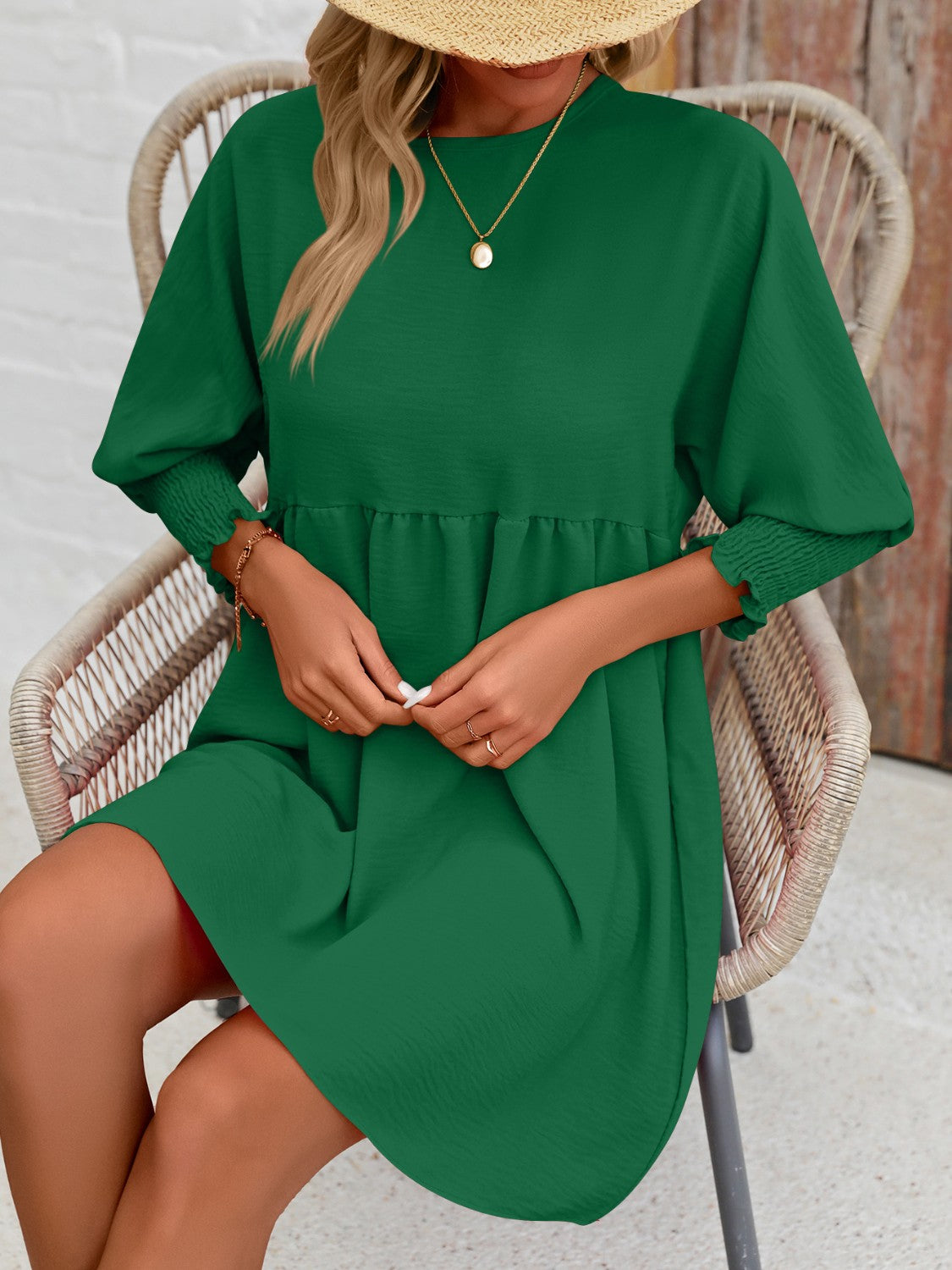 Round Neck Long Lantern Sleeve Mini Dress