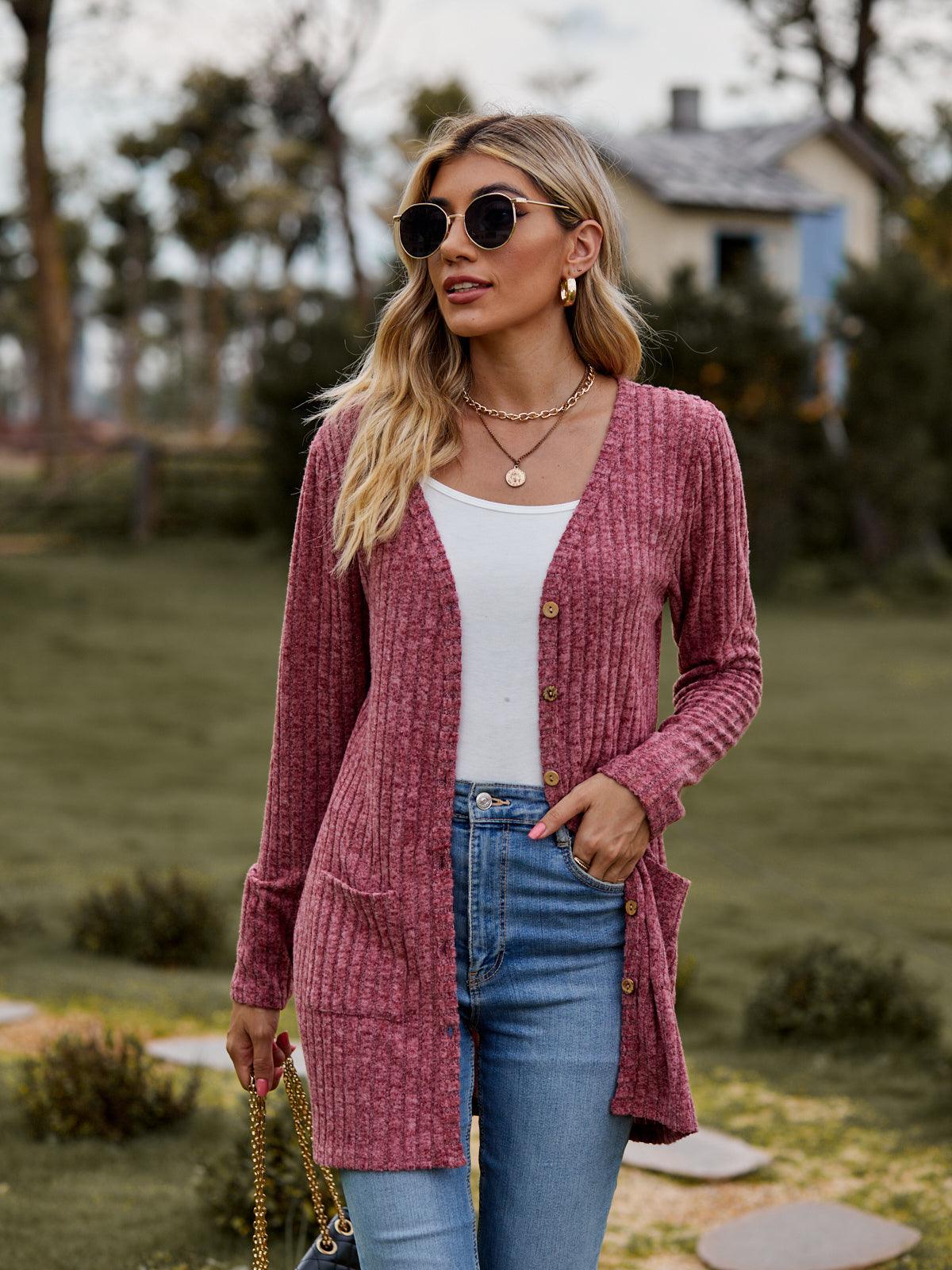 Ribbed Button-UP Cardigan with Pockets - Cardigan