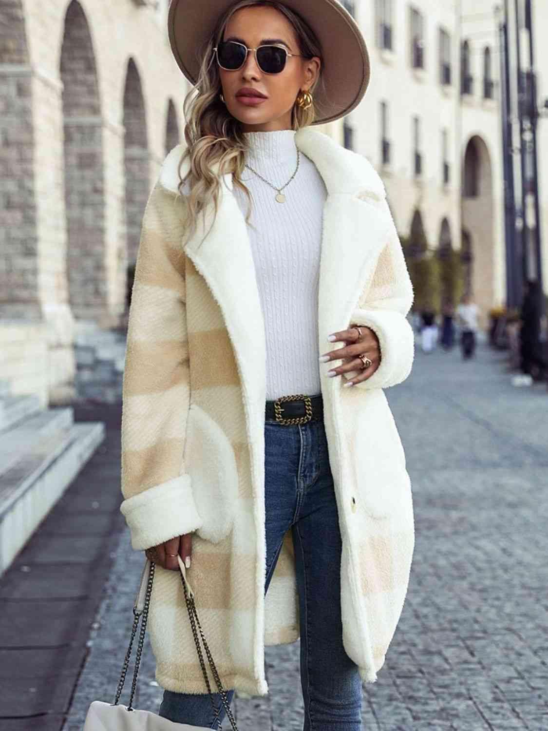 Plaid Button Down Coat with Pockets - Coat