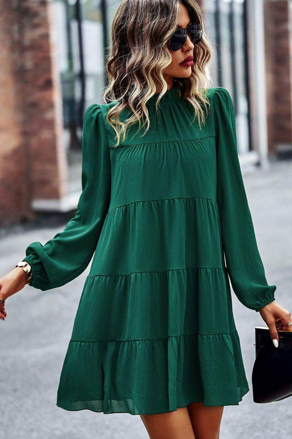 Tied Ruffle Collar Long Puff Sleeve Mini Dress - Dresses