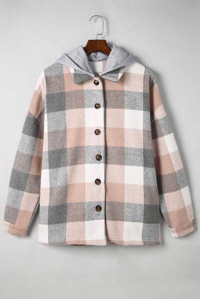 Button Up Plaid Hooded Shacket - Jacket