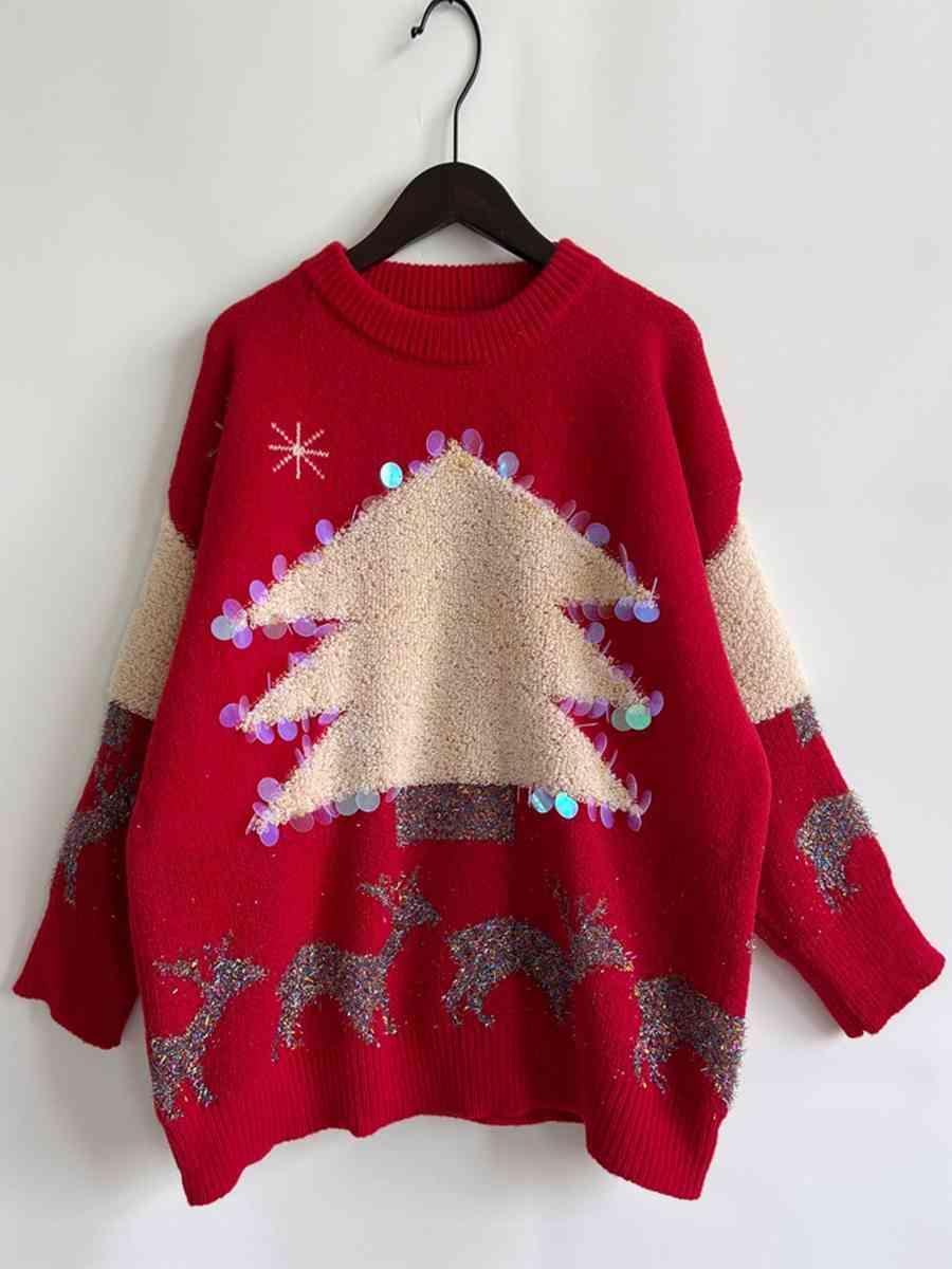 Sequin Christmas Tree Reindeer Sweater - Sweater